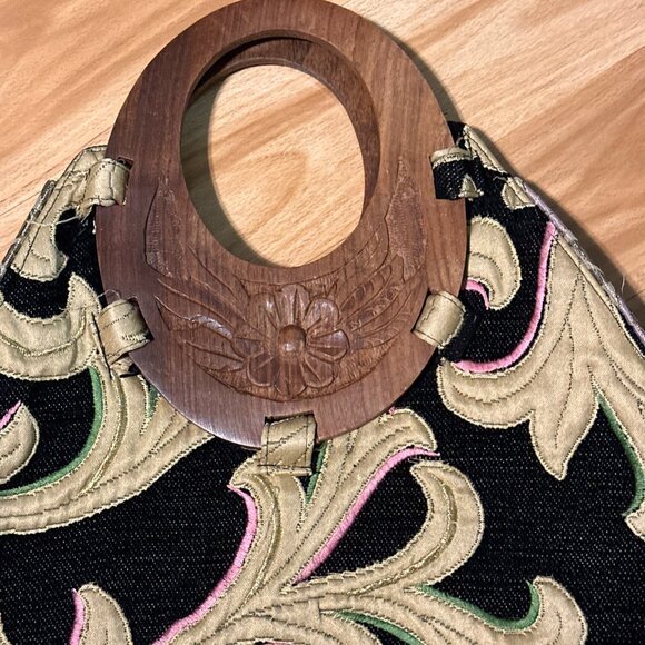 ZARA Crossbody Handbag Boho Wooden Handles Embroidered Fabric Black Tan Purses - Picture 6 of 14